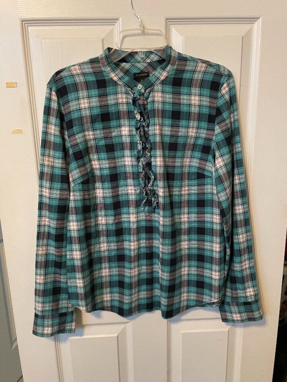 Talbots Womens 1/2 Button Long Sleeve Blouse Size 12 Green Plaid Cotton
